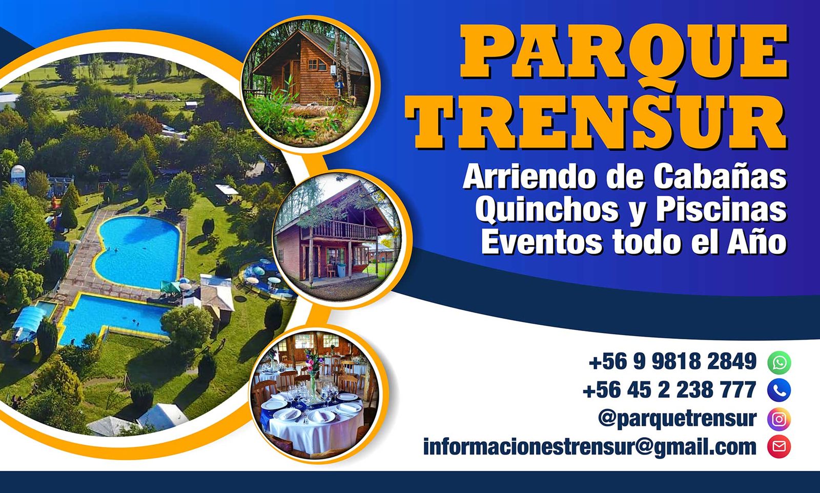 Letrero publicitario de parque de cabañas y piscinas